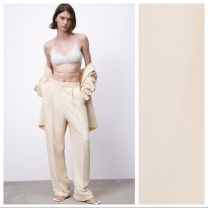 NWT. Zara Cream Full Length High-Waisted Straight Leg Trousers. Size S.